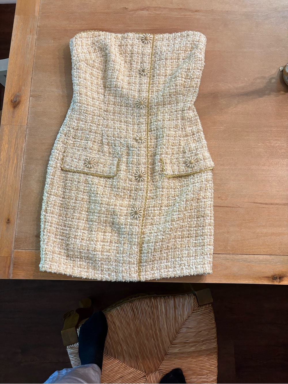 Eva Franco Cream Tweed Strapless Mini Dress with Daisy Buttons